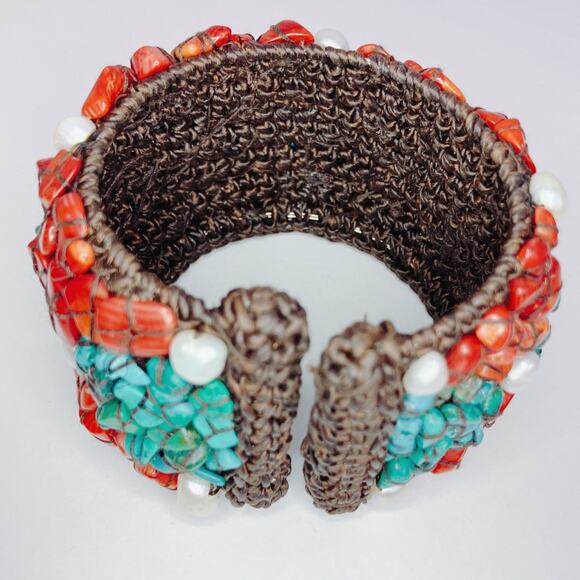 Signed SOMS TH Turquoise Coral Pearl Boho Artisan Woven Adjustable Cuff Bracelet - Picture 5 of 9